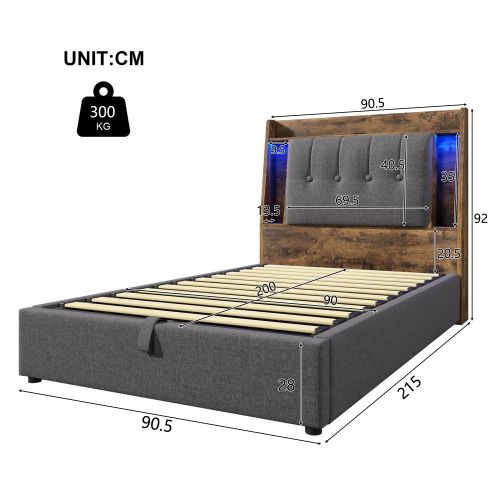 Lit Simple 90x200-cm-charge USB Type-c-rangement-système Hydraulique-éclairage LED-lit Adulte-gris