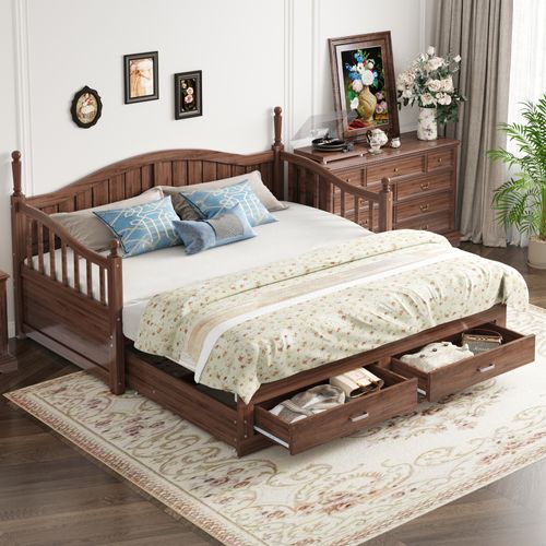 Lit Gigogne 90*190cm-lit Enfant Avec Colonnes Romaines-canapé-lit Avec Tiroirs-en Pin-noyer