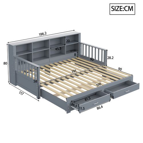 Lit Gigogne En Bois Massif-90x190cm-avec Prise De Charge Dans L'accoudoir Latéral-en Pin-gris