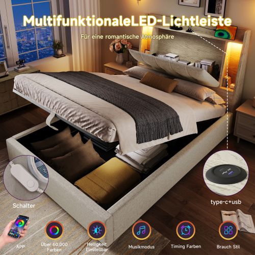 Lit Simple 90x200-cm-charge USB Type-c-rangement-système Hydraulique-éclairage LED-lit enfant-beige