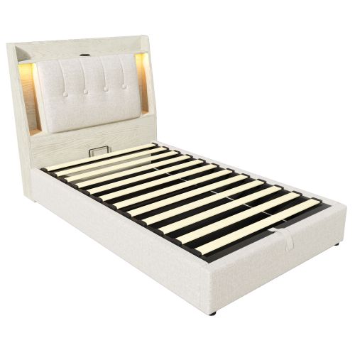 Lit Simple 90x200-cm-charge USB Type-c-rangement-système Hydraulique-éclairage LED-lit enfant-beige