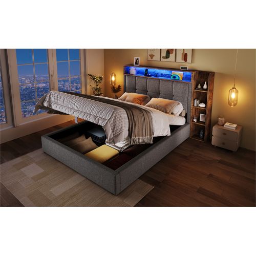 Lit Rembourré 90x200-cm-charge USB Type-c-système Hydraulique-éclairage LED-Lit enfant-gris