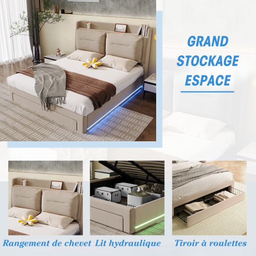 Lit Rembourré Lumineux LED-lit Double 140x190cm-lit Hydraulique-tiroirs De Rangement-beige
