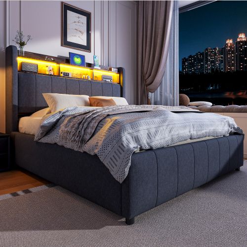 Lit Rembourré 140x200cm-avec Port USB-lit Double Avec Éclairage LED Et Rangement-gris