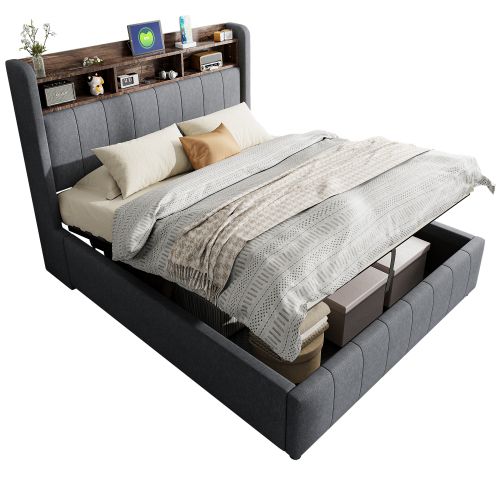 Lit Rembourré 140x200cm-avec Port USB-lit Double Avec Éclairage LED Et Rangement-gris