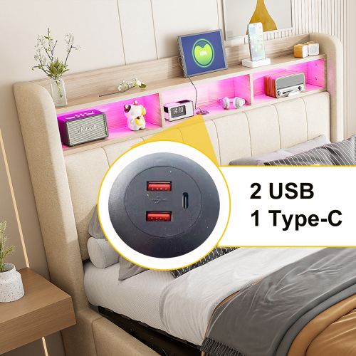 Lit Rembourré 160x200cm-avec Port USB-lit Double Avec Éclairage LED Et Rangement-beige