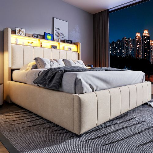 Lit Rembourré 160x200cm-avec Port USB-lit Double Avec Éclairage LED Et Rangement-beige