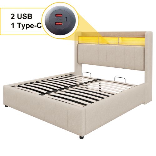 Lit Rembourré 160x200cm-avec Port USB-lit Double Avec Éclairage LED Et Rangement-beige