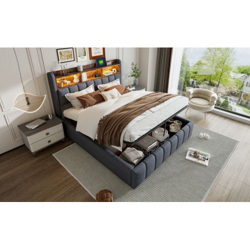 Lit Rembourré 180x200cm-avec Port USB-lit Double Avec Éclairage LED Et Rangement-gris