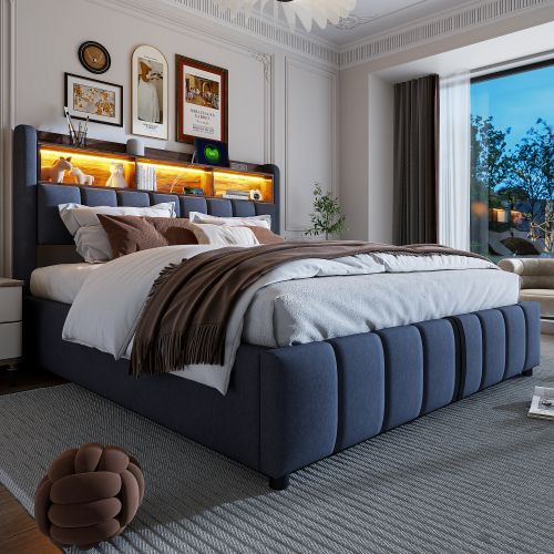 Lit Rembourré 180x200cm-avec Port USB-lit Double Avec Éclairage LED Et Rangement-gris