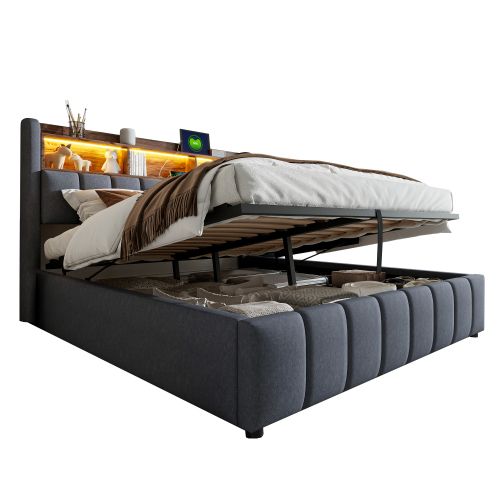 Lit Rembourré 180x200cm-avec Port USB-lit Double Avec Éclairage LED Et Rangement-gris