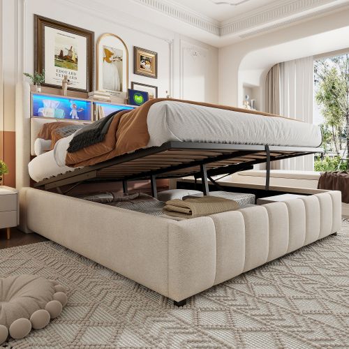 Lit Rembourré 180x200cm-avec Port USB-lit Double Avec Éclairage LED Et Rangement-beige