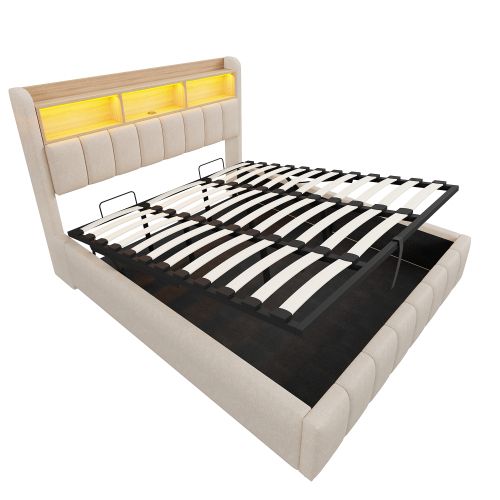 Lit Rembourré 180x200cm-avec Port USB-lit Double Avec Éclairage LED Et Rangement-beige