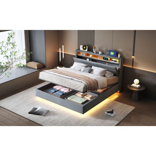 Lit Rembourré 140x200cm-hydraulique-lit Double LED Avec Prise USB-tête De Lit Réversible-gris