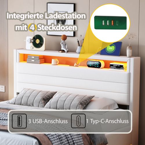 Lit Rembourré 140x200cm-hydraulique-lit Double LED Avec Prise USB-tête De Lit Réversible-beige