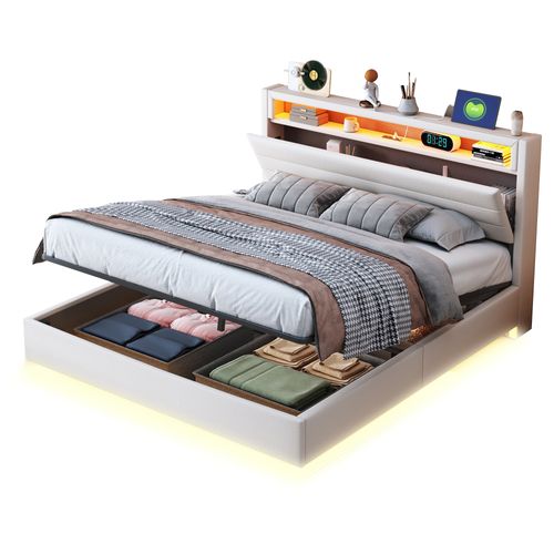 Lit Rembourré 140x200cm-hydraulique-lit Double LED Avec Prise USB-tête De Lit Réversible-beige