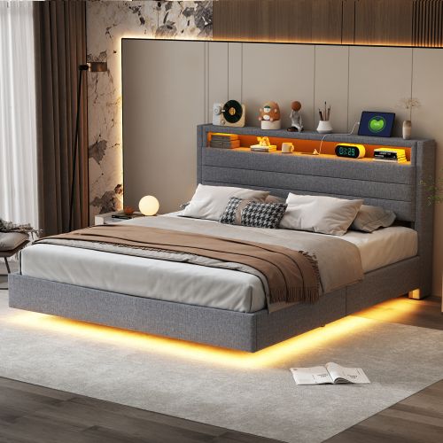 Lit Rembourré 160x200cm-hydraulique-lit Double LED Avec Prise USB-tête De Lit Réversible-gris