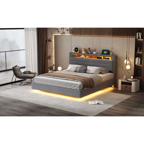 Lit Rembourré 160x200cm-hydraulique-lit Double LED Avec Prise USB-tête De Lit Réversible-gris