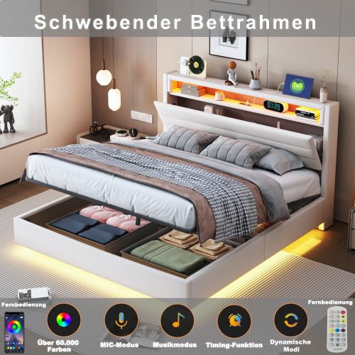 Lit Rembourré 160x200cm-hydraulique-lit Double LED Avec Prise USB-tête De Lit Réversible-beige