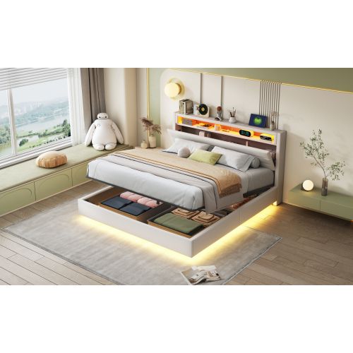 Lit Rembourré 160x200cm-hydraulique-lit Double LED Avec Prise USB-tête De Lit Réversible-beige