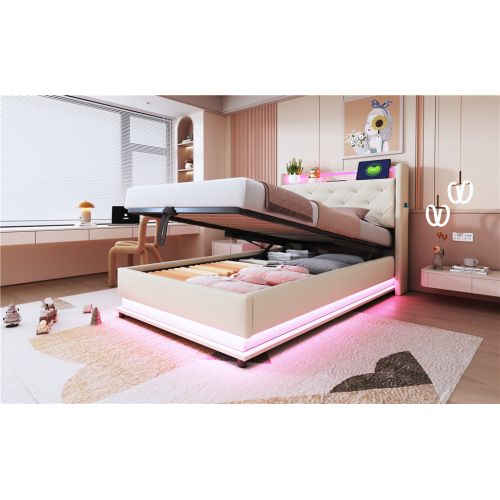 Lit Rembourré 90*200cm-avec Lumières et Prise USB-hydraulique-lit Simple-Beige