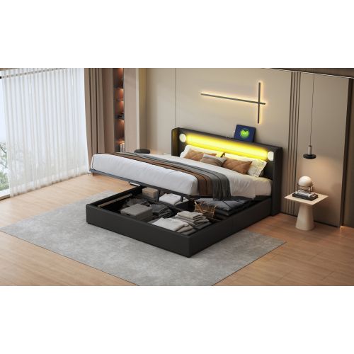 Lit Rembourré 160x200cm -avec Lecteur Bluetooth Et Chargement USB-lit Double  LED-noir