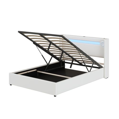 Lit Rembourré 140x200cm -avec Lecteur Bluetooth Et Chargement USB-lit Double LED-blanc