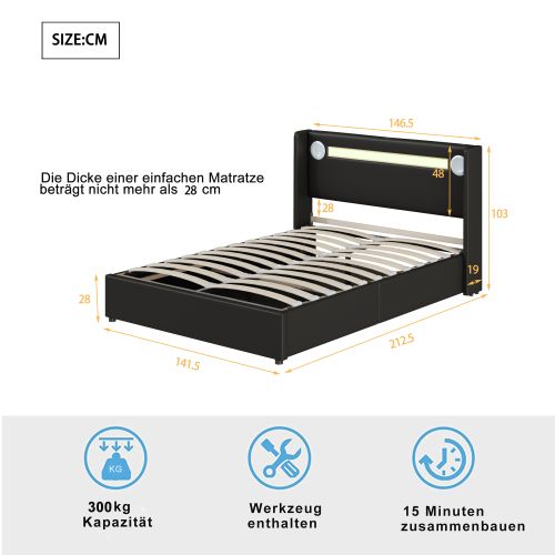 Lit Rembourré 140x200cm -avec Lecteur Bluetooth Et Chargement USB-lit Double  LED-noir