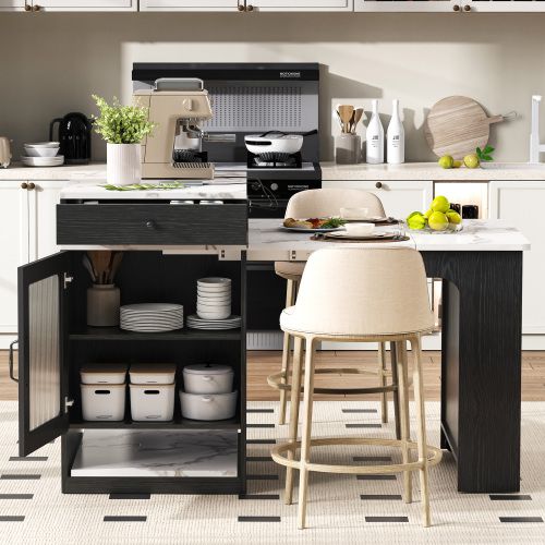 Îlot De Cuisine à Roulettes-avec Plateau Amovible-table De Bar Avec Multiprises-noir