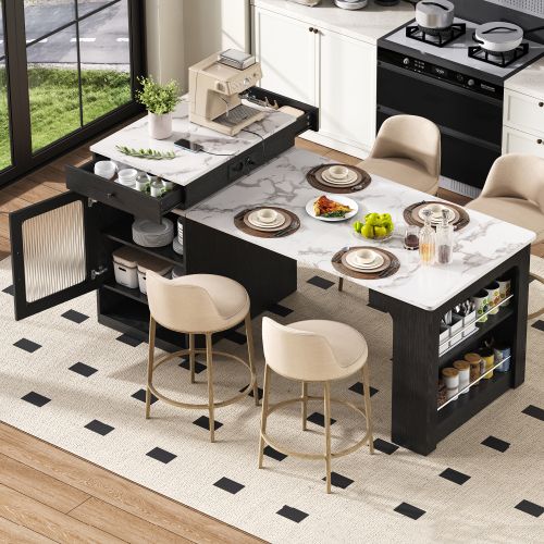 Îlot De Cuisine à Roulettes-avec Plateau Amovible-table De Bar Avec Multiprises-noir