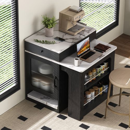 Îlot De Cuisine à Roulettes-avec Plateau Amovible-table De Bar Avec Multiprises-noir