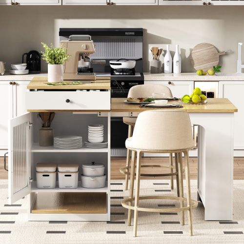 Îlot De Cuisine à Roulettes-avec Plateau Amovible-table De Bar Avec Multiprises-blanc