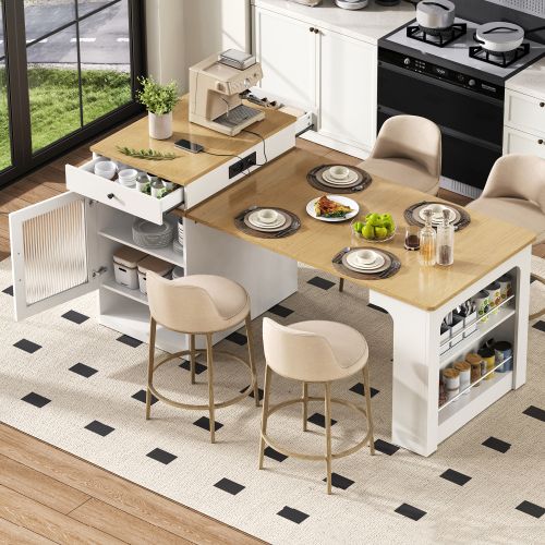 Îlot De Cuisine à Roulettes-avec Plateau Amovible-table De Bar Avec Multiprises-blanc