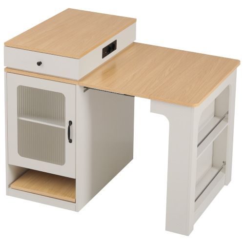 Îlot De Cuisine à Roulettes-avec Plateau Amovible-table De Bar Avec Multiprises-blanc