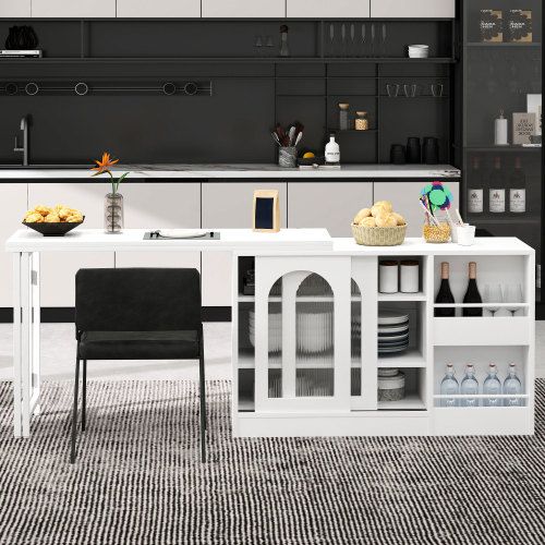 Table De Bar Extensible Rotative à 360°-avec Espace De Rangement-Avec Porte D'armoire En Verre-blanc