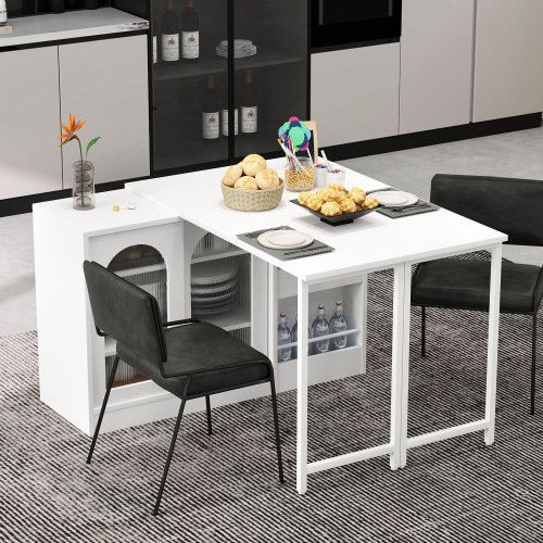 Table De Bar Extensible Rotative à 360°-avec Espace De Rangement-Avec Porte D'armoire En Verre-blanc