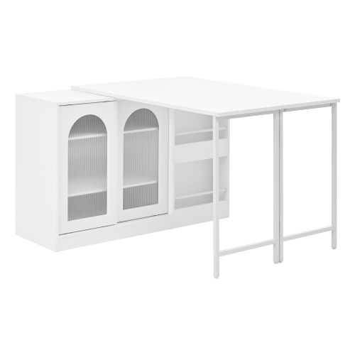 Table De Bar Extensible Rotative à 360°-avec Espace De Rangement-Avec Porte D'armoire En Verre-blanc
