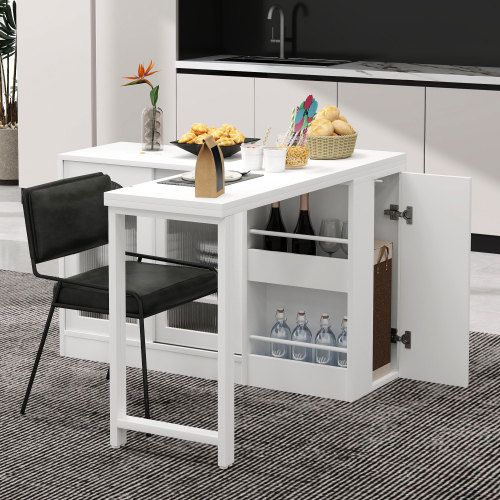 Table De Bar Extensible Rotative à 360°-avec Espace De Rangement-Avec Porte D'armoire En Verre-blanc
