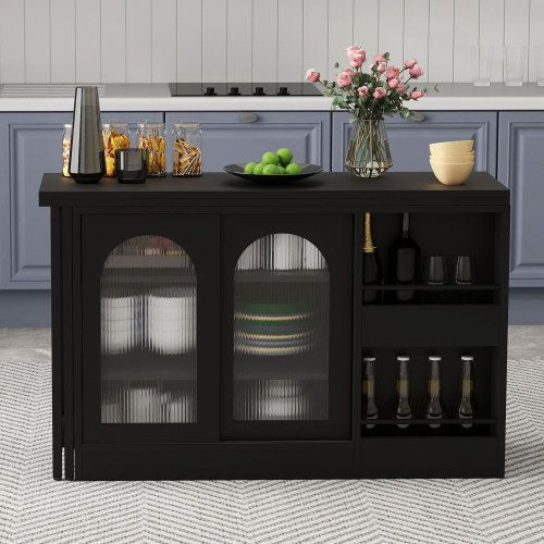 Table De Bar Extensible Rotative à 360°-avec Espace De Rangement-Avec Porte D'armoire En Verre-noir