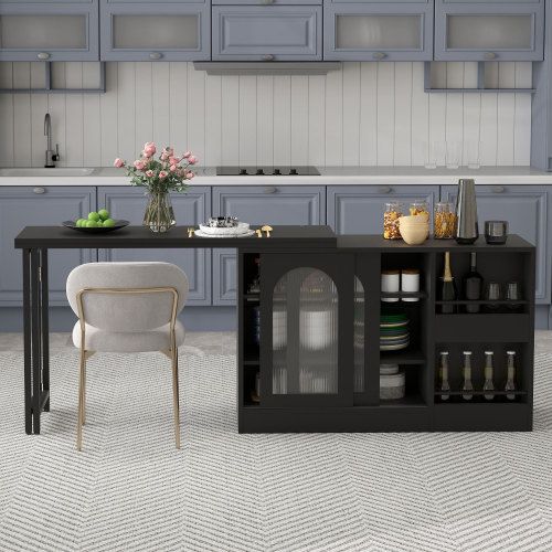 Table De Bar Extensible Rotative à 360°-avec Espace De Rangement-Avec Porte D'armoire En Verre-noir