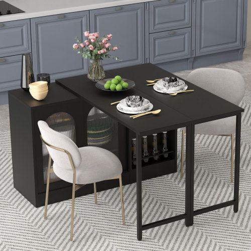 Table De Bar Extensible Rotative à 360°-avec Espace De Rangement-Avec Porte D'armoire En Verre-noir