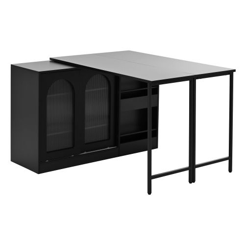 Table De Bar Extensible Rotative à 360°-avec Espace De Rangement-Avec Porte D'armoire En Verre-noir
