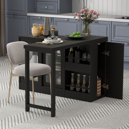 Table De Bar Extensible Rotative à 360°-avec Espace De Rangement-Avec Porte D'armoire En Verre-noir