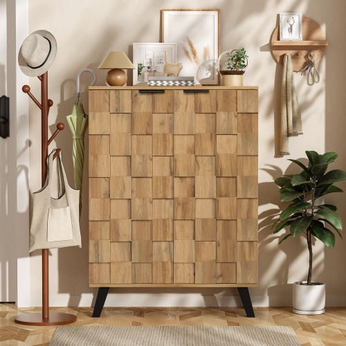 Meuble à Chaussures Moderne à 5 Compartiments-étagères Réglables-15 Paires-2 Portes-naturel