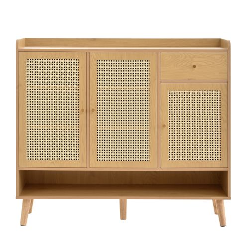 Meuble à Chaussures En Rotin-avec 3 Portes Rabattables-12 Paires-pour Couloir Et Entrée-naturel