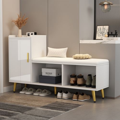 Meuble à Chaussures Moderne Avec Assise Confort-7 Paires-1 Portes-pour Le Couloir Et Entrée-blanc