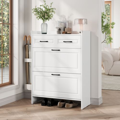 Meuble à Chaussures Avec 2 Portes Rabattables-étagère à Chaussures-pour Le Couloir Et Entrée-blanc