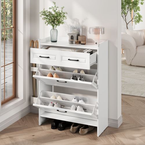 Meuble à Chaussures Avec 2 Portes Rabattables-étagère à Chaussures-pour Le Couloir Et Entrée-blanc