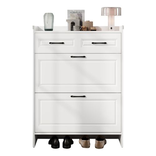 Meuble à Chaussures Avec 2 Portes Rabattables-étagère à Chaussures-pour Le Couloir Et Entrée-blanc