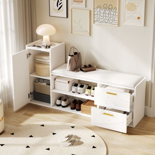 Meuble à Chaussures-étagère à Chaussures Avec 2 Tiroirs-banc à Chaussures Laqué Brillant-blanc